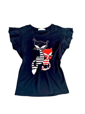 IN2YOU ~ Black Flutter Sleeve Rhinestone Cat Print Shirt size M